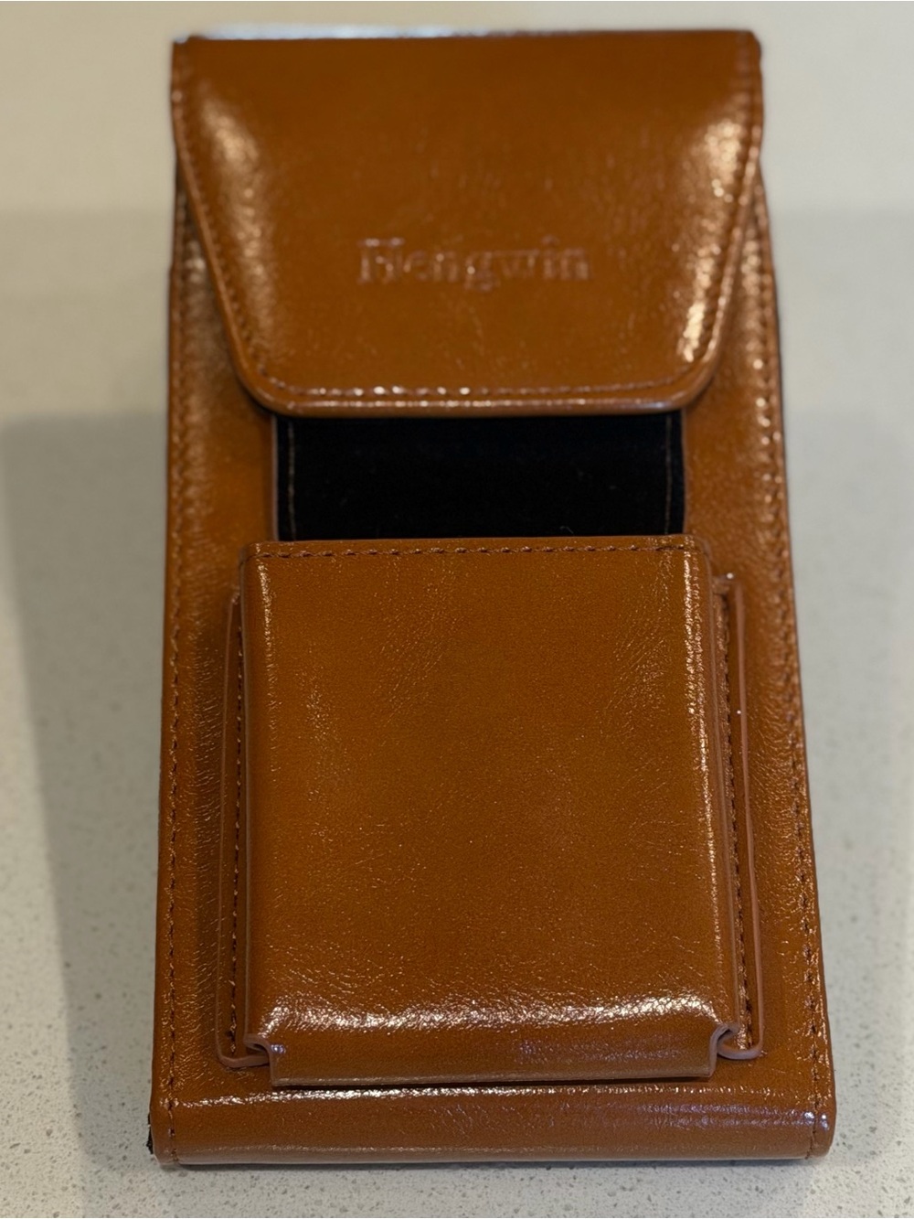 Hengwin Brown Leather Look Phone Case with Front Pocket Clip-On Caribiner